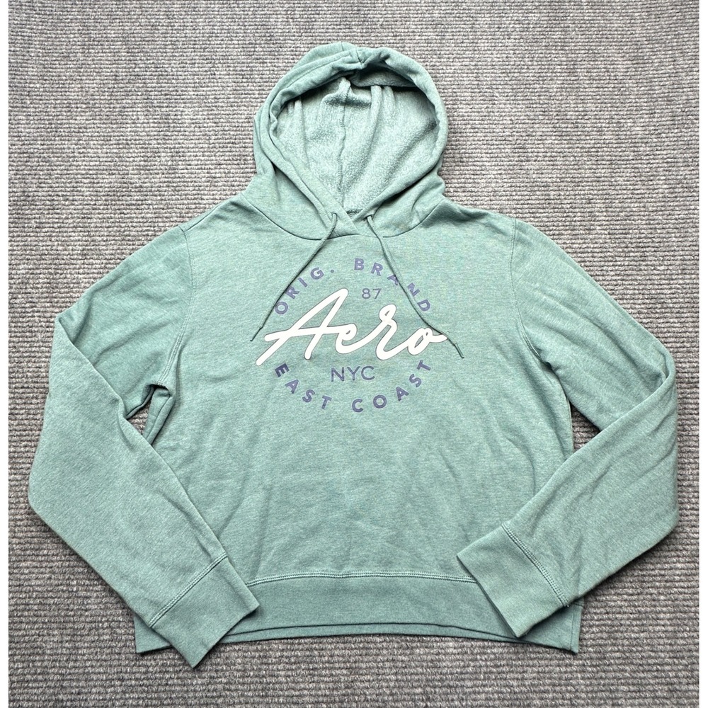 Aeropostale Hoodie Womens Large Green Graphic Fleece Pullover